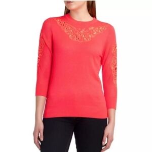 Ted Baker Talula Crew Neck Sweater Mesh Knit Floral Filigree Embroidered Coral